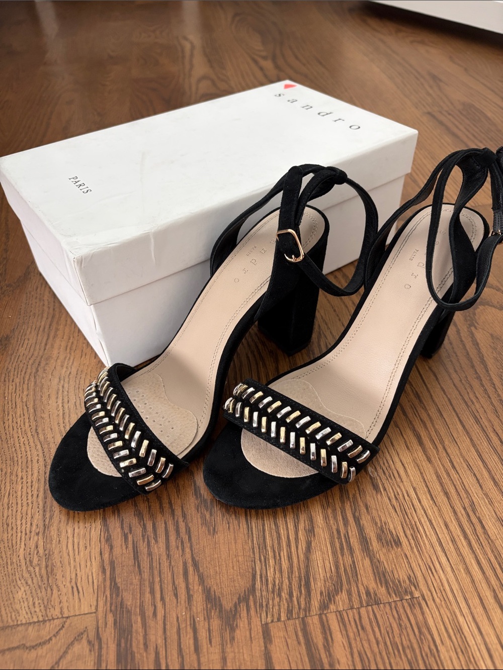 Sandro Gina Black Suede Block Heel Sandals with Metal Trim